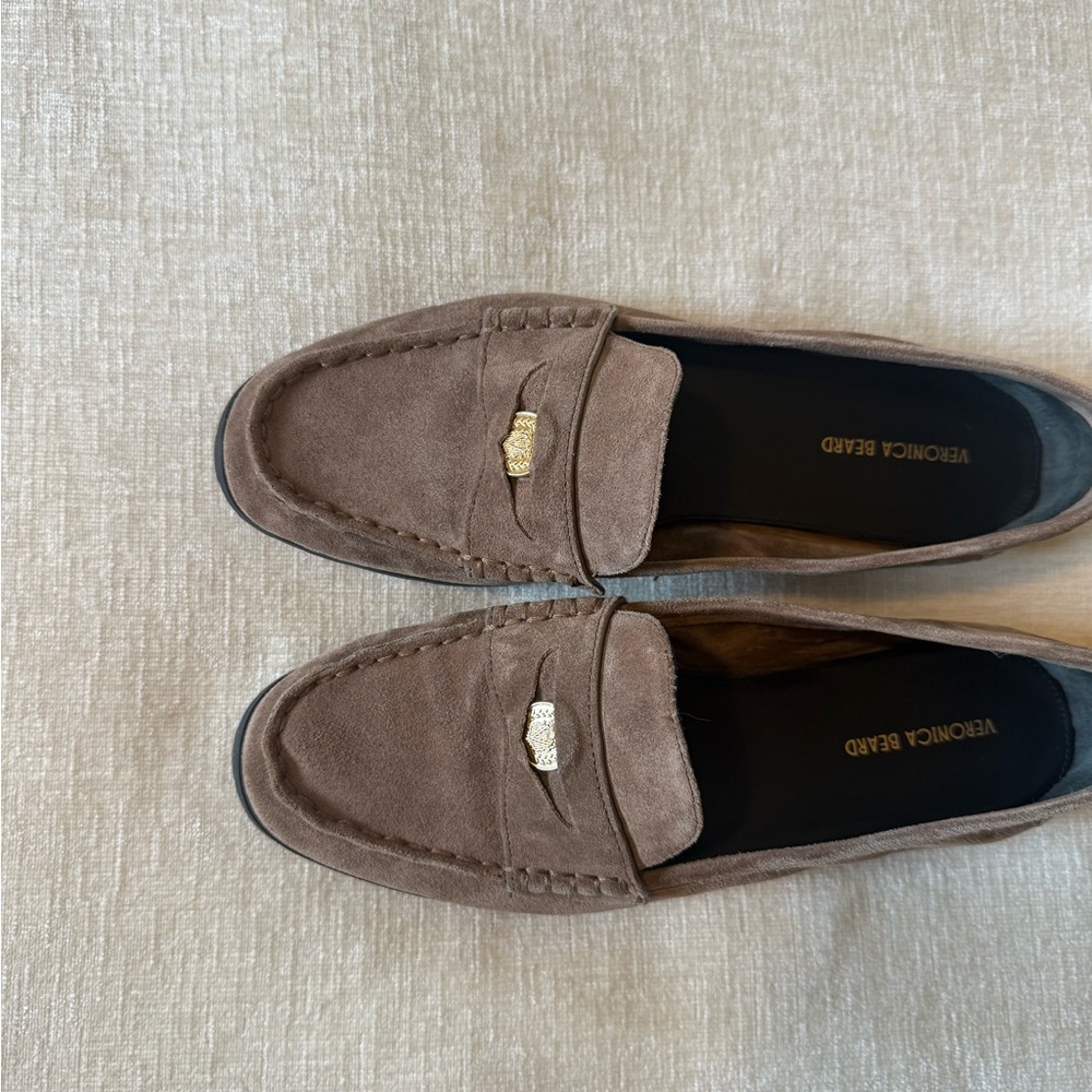 Veronica Beard Taupe Suede Penny Loafers - Picture 5 of 6